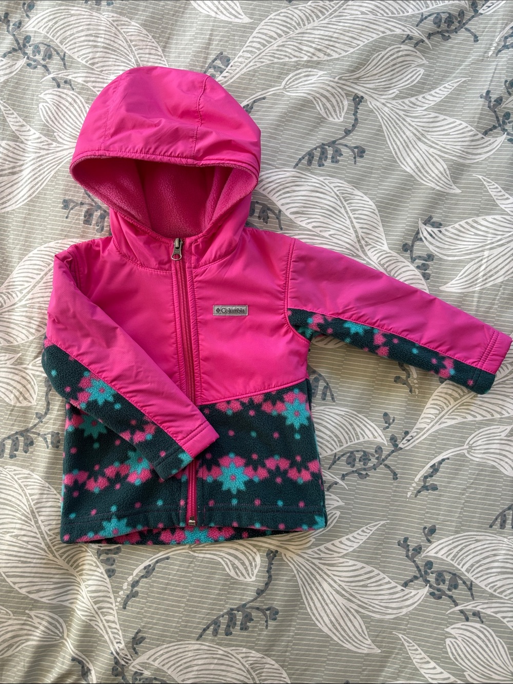 Columbia Toddler Girls Pink Hooded Fleece-Panel Jacket with Teal Flower Pattern